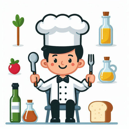 Cartoon chef with food and kitchen tools. Vector illustration in cartoon style.のイラスト素材