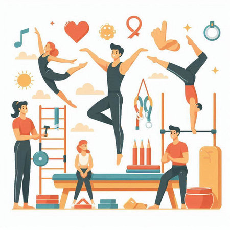 People doing sport exercises in gym. Vector illustration in flat cartoon styleのイラスト素材
