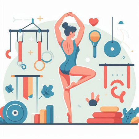 Vector illustration of a girl in a black swimsuit doing gymnastics in the gym.のイラスト素材