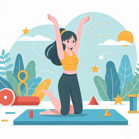 Girl doing yoga in the park. Vector illustration in flat style.のイラスト素材