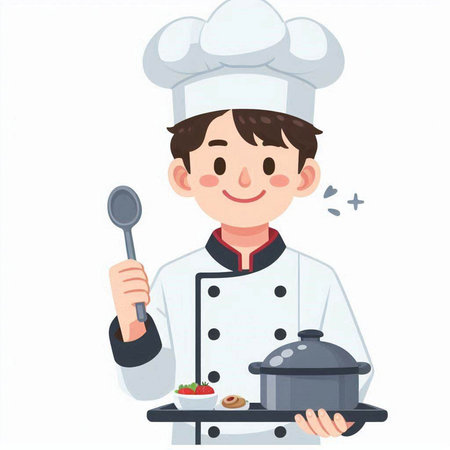 Illustration of a male chef holding a ladle and a dishのイラスト素材