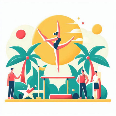 Summer vacation flat vector illustration. Cartoon people characters on tropical beach, sun, palm trees. Vacation and holiday concept for banner, website design or landing web pageのイラスト素材