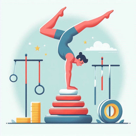Vector illustration in flat style. Gymnast doing exercise on the platform.のイラスト素材