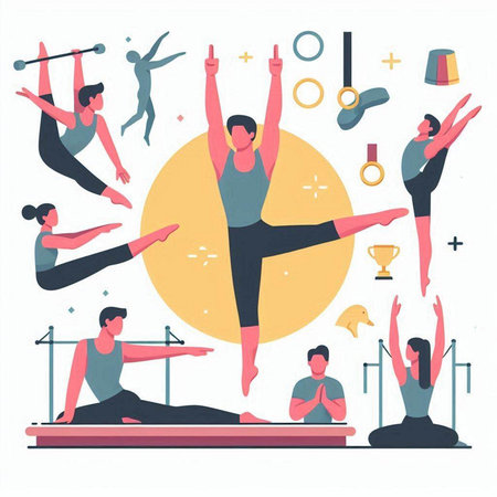Group of people practicing yoga in studio. Flat style vector illustration.のイラスト素材