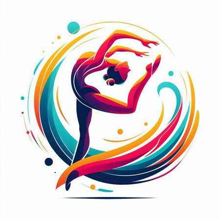 Vector illustration of gymnast woman silhouette on abstract colorful background with space for textのイラスト素材