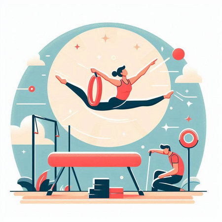 Woman doing gymnastic exercises at the park. Flat vector illustration.のイラスト素材