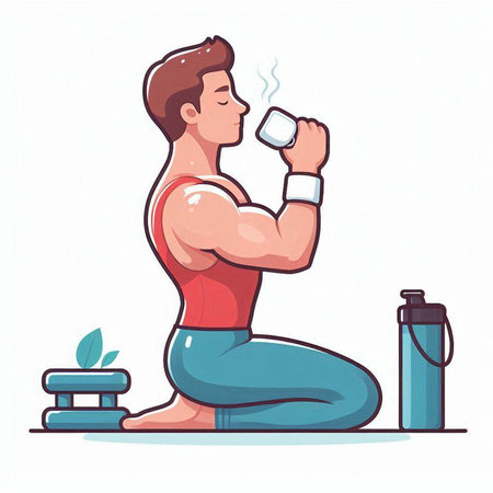 Man in sportswear drinking water from a cup. Vector illustration.のイラスト素材