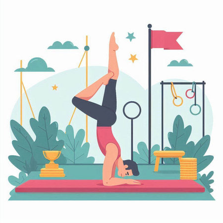 Woman practicing yoga on mat. Vector illustration in flat cartoon style.のイラスト素材