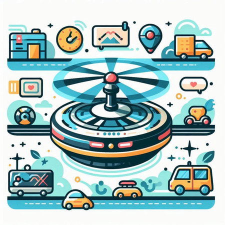 Drone flying around the city. Vector illustration in flat style.のイラスト素材