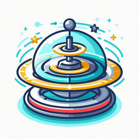 Vector illustration of a flying saucer in outer space. Linear style.のイラスト素材