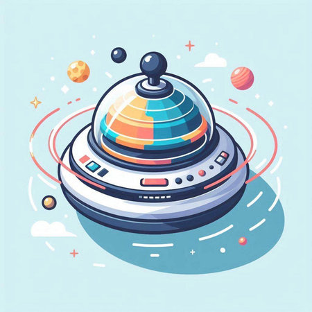 Vector illustration of spaceship in space with planets and stars. Cartoon style.のイラスト素材