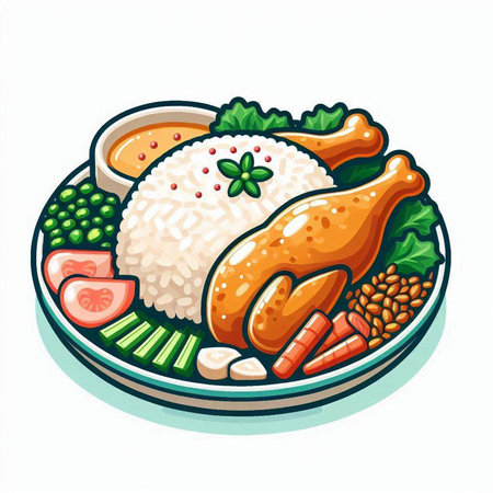 Illustration of a plate of chicken and rice on a white backgroundのイラスト素材