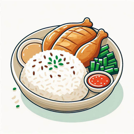Illustration of a bowl of rice with chicken and vegetables on a white backgroundのイラスト素材