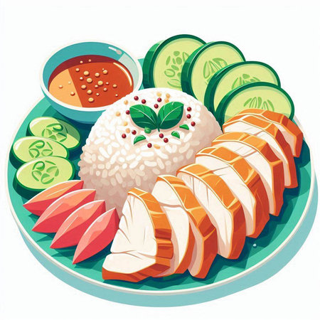 Illustration of a plate of sushi with salmon, cucumber and sauceのイラスト素材