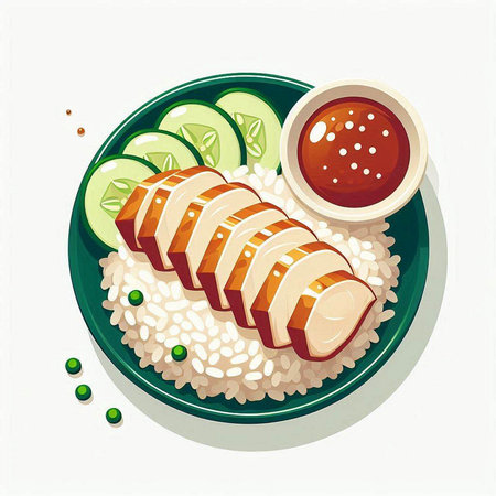 Illustration of grilled chicken with rice and sauce on a white backgroundのイラスト素材