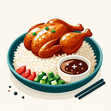 Illustration of a bowl of rice with chicken and soy sauce.のイラスト素材