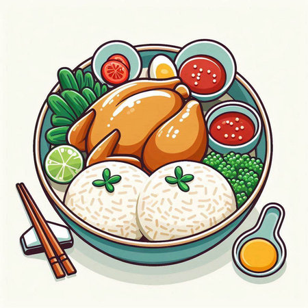 Illustration of a bowl of rice with chicken and vegetables on a white backgroundのイラスト素材