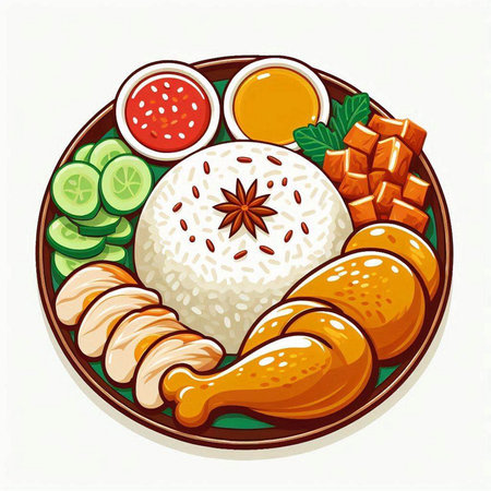 Illustration of a plate of steamed rice with chicken and vegetablesのイラスト素材