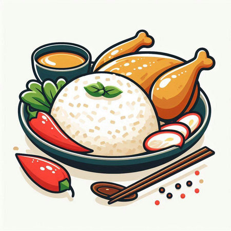 Illustration of chicken and rice in a plate. Vector illustration.のイラスト素材