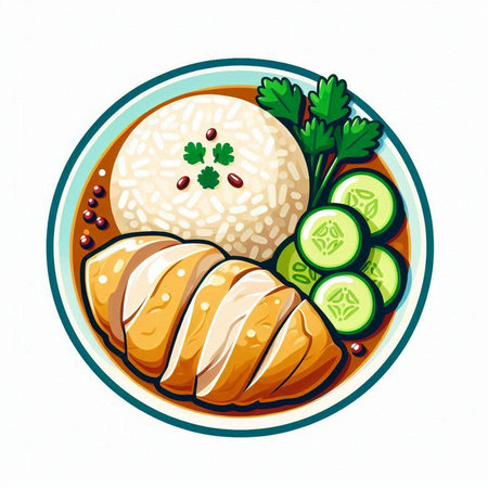 Illustration of a bowl of steamed rice with chicken and cucumberのイラスト素材