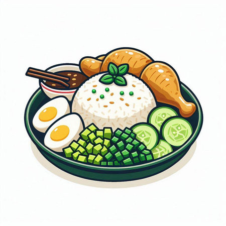 Illustration of rice with chicken, cucumber, egg and gingerのイラスト素材