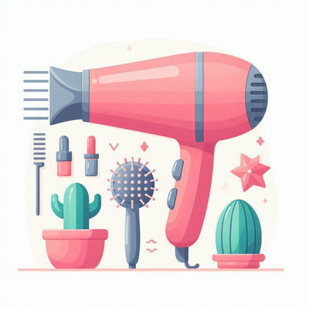 Hairdryer, comb, nail polish, scissors and cactus. Flat style vector illustration.のイラスト素材