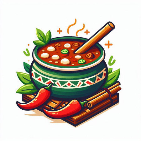 Illustration of a bowl of spicy soup with chili pepper and bamboo sticksのイラスト素材