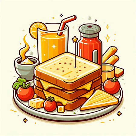 Breakfast with toast, juice and cheese. Vector illustration in cartoon style.のイラスト素材