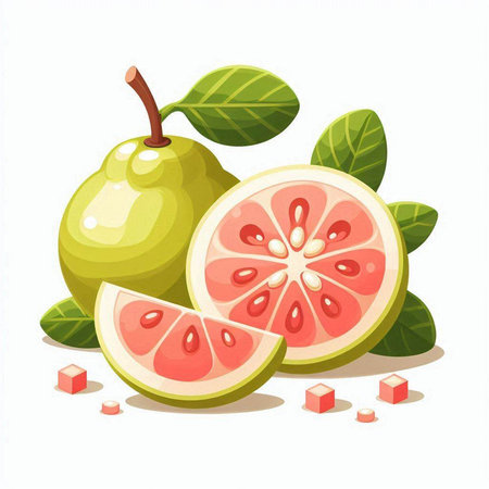 Fresh guava fruit with leaves isolated on white background. Vector illustration.のイラスト素材