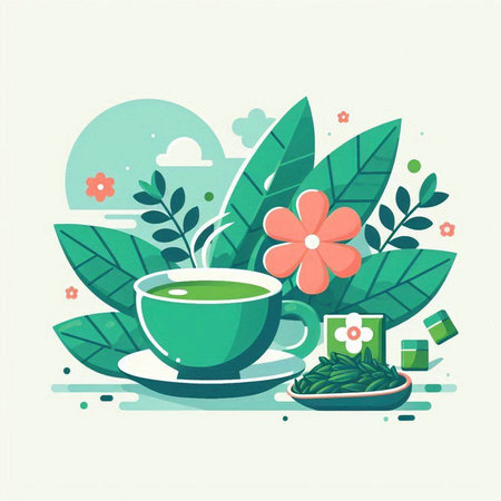 Cup of green tea with flower and leaves. Vector illustration.のイラスト素材