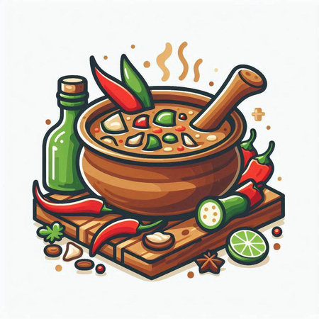 Cartoon vector illustration of spicy soup with chili pepper, lime, salt and spices.のイラスト素材
