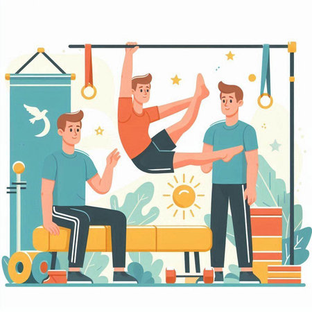 Man doing gymnastic exercises with trainer. Vector illustration in flat styleのイラスト素材