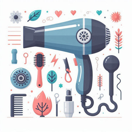 Hairdryer, tools for hair styling. Flat vector illustration.のイラスト素材