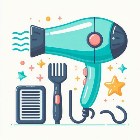 Hairdryer and tools. Hand drawn vector illustration in cartoon style.のイラスト素材