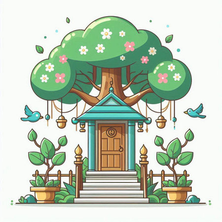 Vector illustration of a tree with a house and birds on the backgroundのイラスト素材
