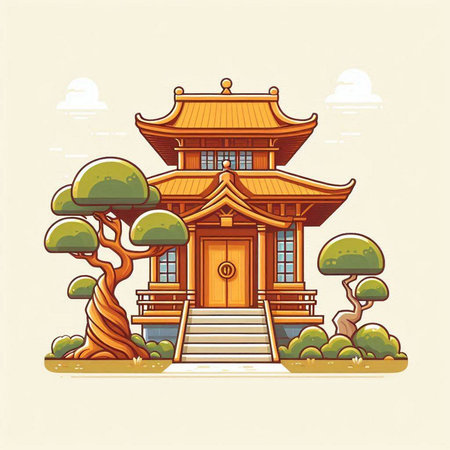 Beautiful japanese temple in flat style. Vector illustration.のイラスト素材
