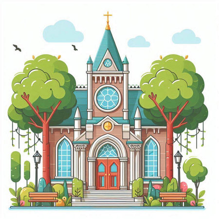 Church in the city park. Vector illustration in cartoon style on white background.のイラスト素材
