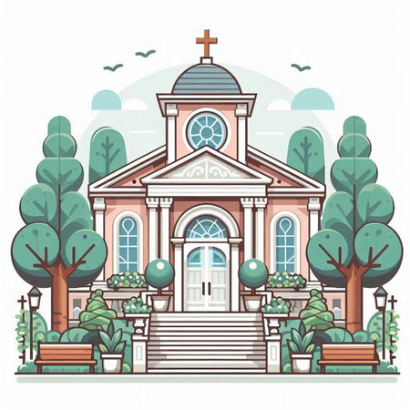 Church in the city park. Vector illustration in flat style with trees, bushes and benches.のイラスト素材