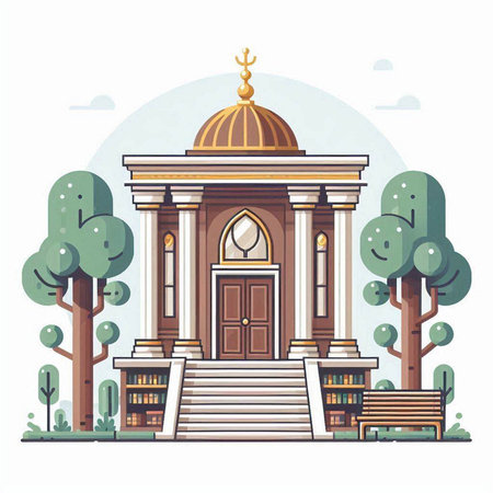 Church building in the park. Vector illustration in flat cartoon style.のイラスト素材