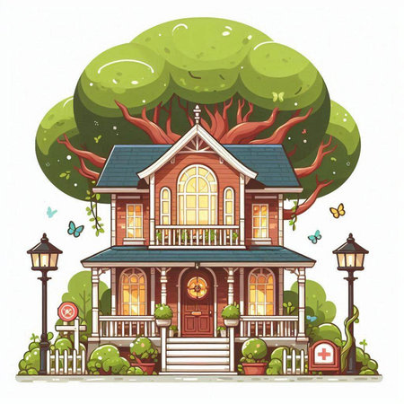 Wooden house in the forest. Cartoon style. Vector illustration.のイラスト素材