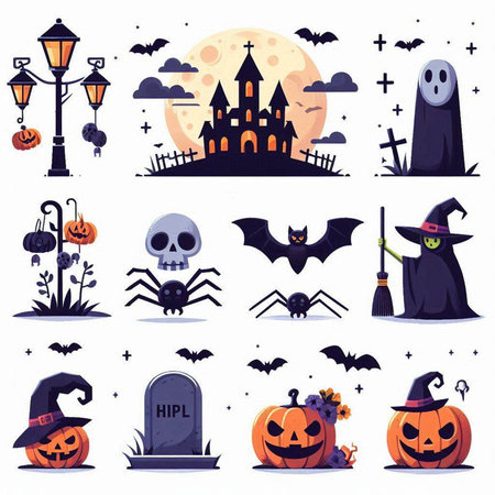 Halloween flat icons set with cemetery, pumpkins, ghosts, lanterns and bats isolated vector illustrationのイラスト素材