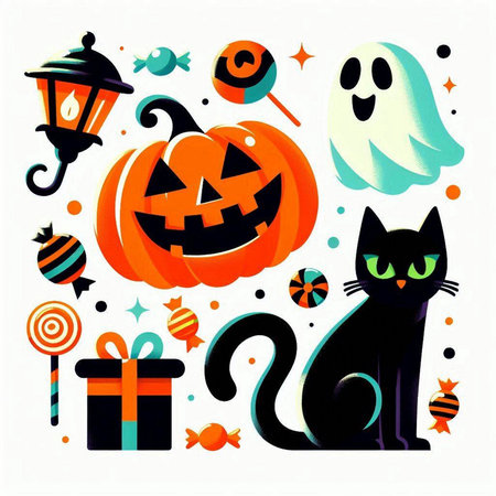 Halloween vector illustration with black cat, candies, pumpkins and sweets.のイラスト素材