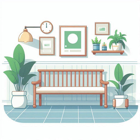 Interior of a living room with a bench and plants. Vector illustrationのイラスト素材