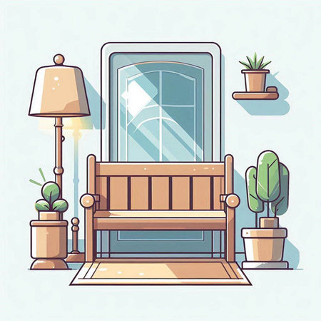 Vector illustration of a cozy living room with a wooden bench, a lamp and a flowerpot.のイラスト素材