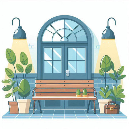 Vector illustration of a wooden bench in front of a window in a flat style.のイラスト素材