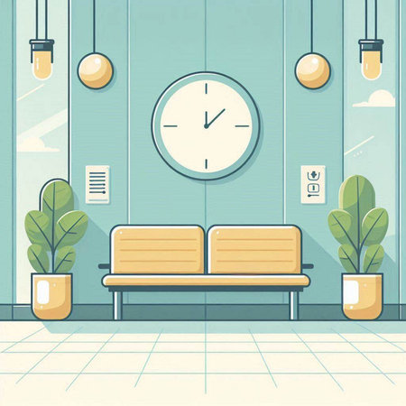 Interior of the office with a sofa and clocks. Vector illustrationのイラスト素材