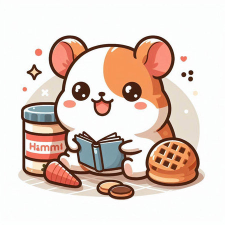 Cute hamster reading a book and eating cookies. Vector illustration.のイラスト素材