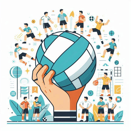 Volleyball sport concept. Hand holding ball. Flat design vector illustration.のイラスト素材