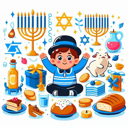 Jewish holiday Hanukkah greeting card with cartoon little boy and symbols. Vector illustration.のイラスト素材