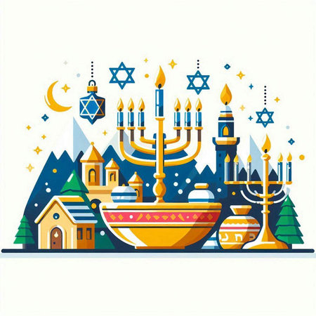 Vector illustration of Hanukkah greeting card with menorah, candelabra, star of David and mosqueのイラスト素材
